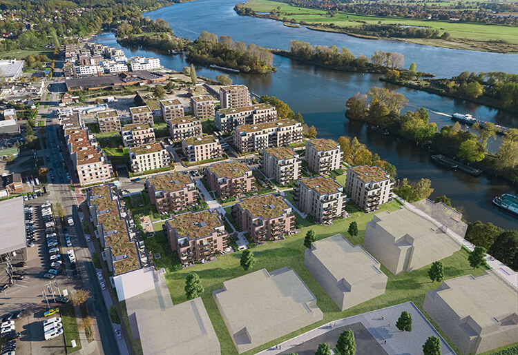 Visualisierung des Neubauprojekts Waterkant Geesthacht aus der Vogelperspekive.