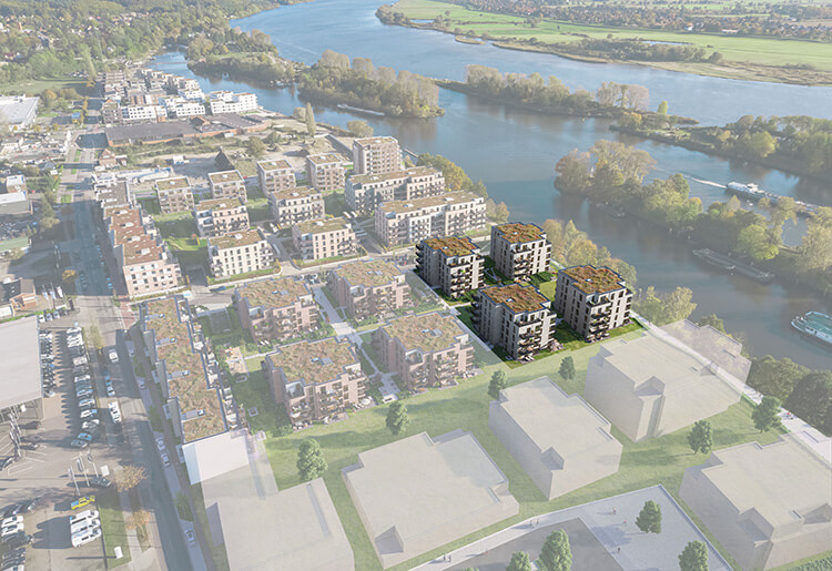 Visualisierung des Neubauprojekts Waterkant Geesthacht – Blick aus der Vogelperspektive.