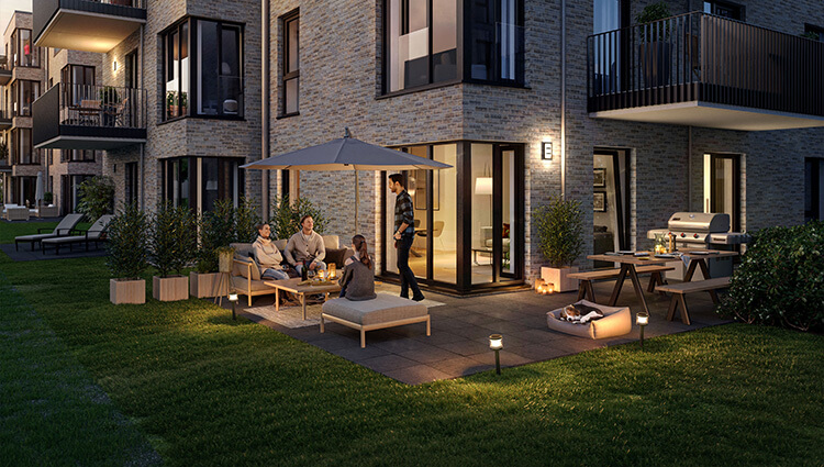 Visualisierung eines Paares mit Hund auf der Terrasse im Erdgeschoss im Neubauprojekt Waterkant Geesthacht.
