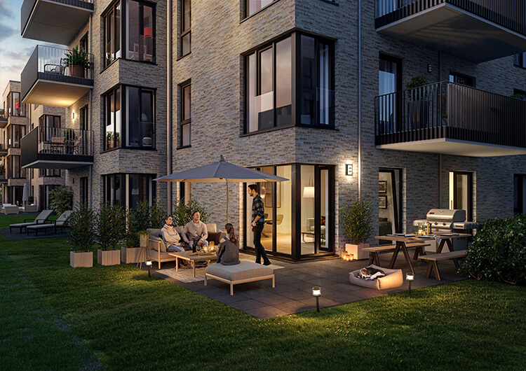 Visualisierung einer Terrasse in der Abendstimmung im Erdgeschoss im Neubauprojekt Waterkant Geesthacht.
